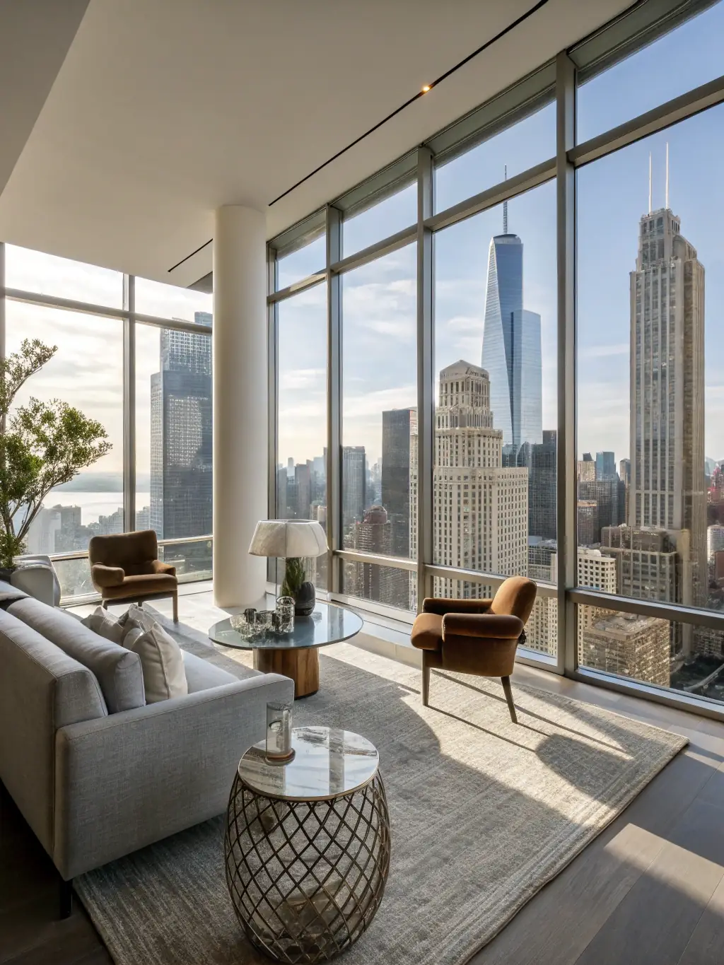A modern, stylish apartment interior with large windows showcasing a city view, emphasizing the comfort and convenience of short-term rentals offered by Foursomething.com.