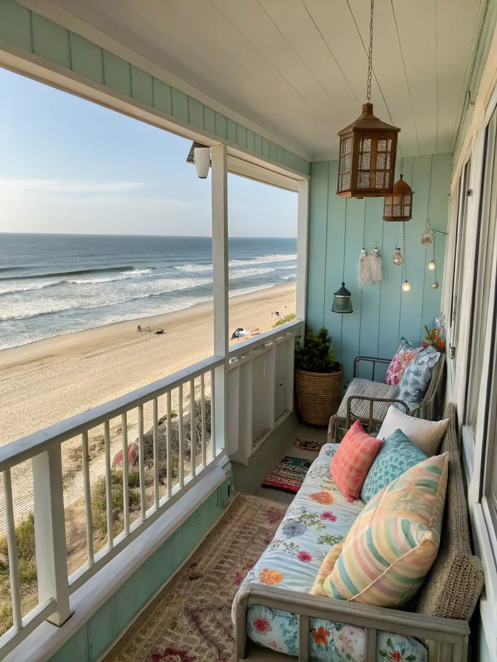 A cozy beachside apartment with a balcony overlooking the ocean, capturing the relaxed atmosphere and vacation appeal of Foursomething.com's short-term rental options.