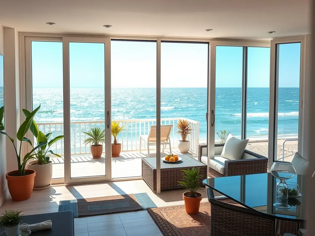 A cozy beachside apartment with a balcony overlooking the ocean. The apartment is decorated in a nautical theme with light, airy colors and comfortable furnishings. The scene captures a relaxing and inviting vacation atmosphere.