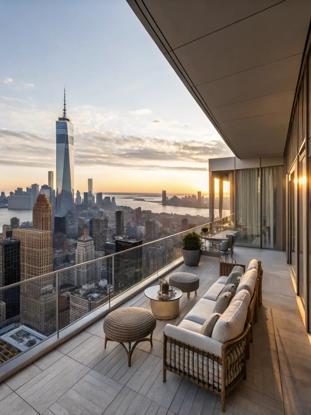 A luxurious penthouse apartment with panoramic city views, showcasing the high-end accommodations and exclusive experience offered by Foursomething.com.