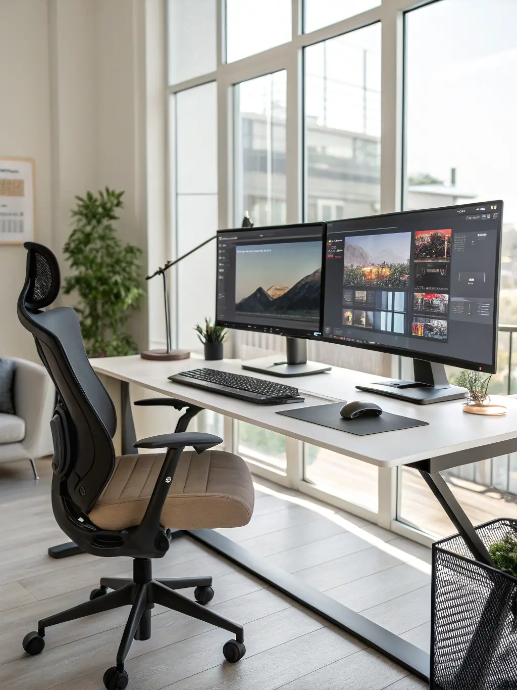 A well-lit, spacious corporate suite featuring a dedicated workspace, comfortable seating, and high-end furnishings, highlighting the professional environment provided by Foursomething.com.
