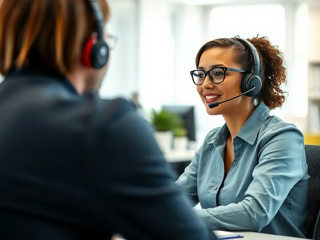A customer service representative answering a call in a modern office setting, emphasizing the availability and responsiveness of the support team.