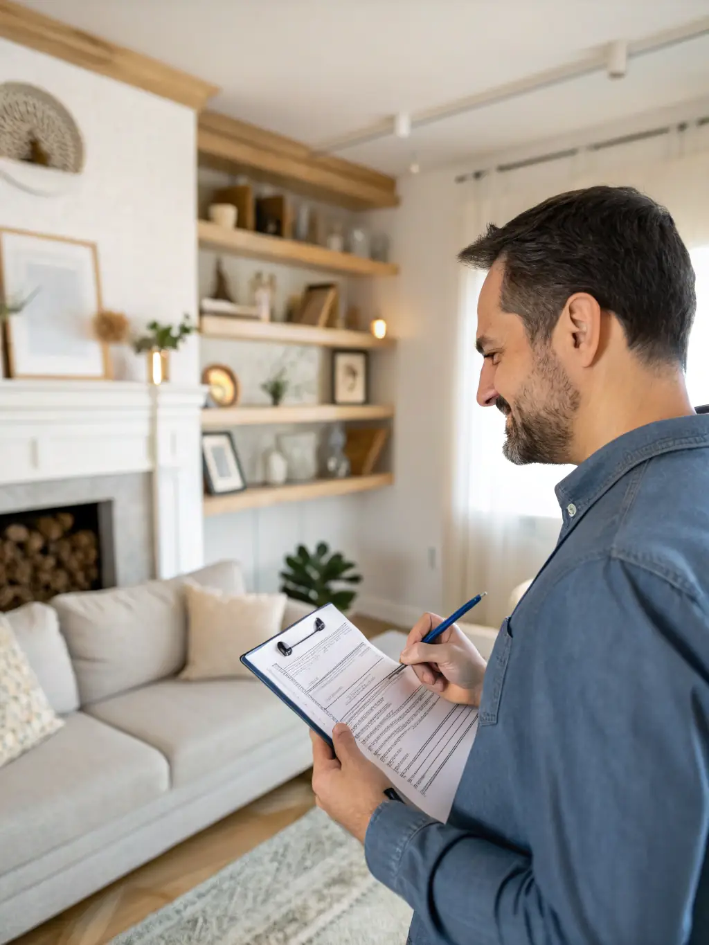 A property manager is inspecting a Four Something Rentals property, ensuring it meets the company's high standards for quality and comfort.