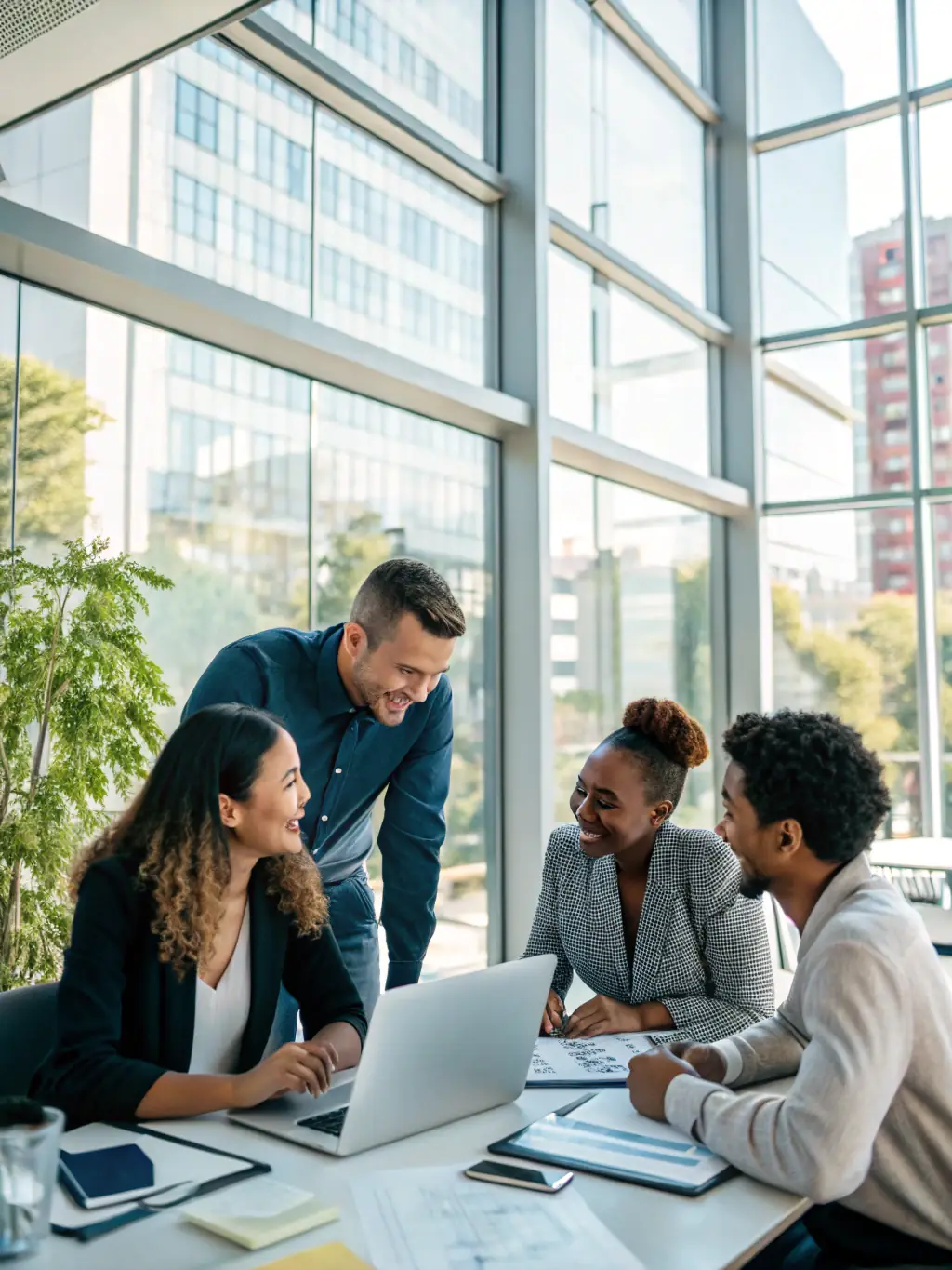A diverse group of professionals (doctors, lawyers, nurses) happily working in a modern, comfortable vacation rental space.