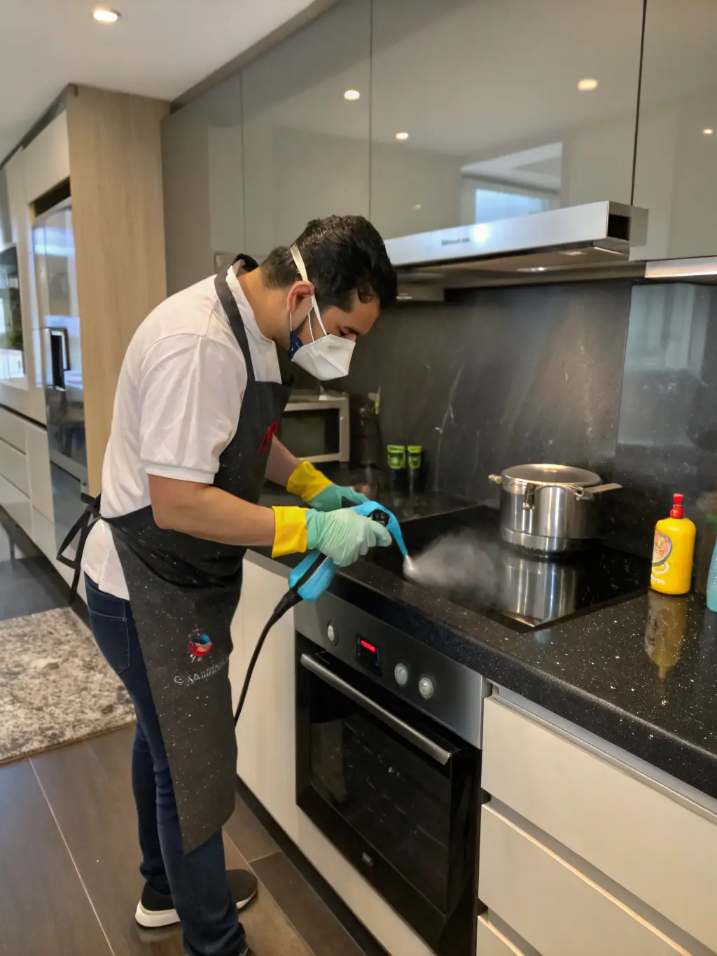 A photo of a cleaning crew meticulously cleaning and sanitizing a vacation rental property, emphasizing hygiene and safety.
