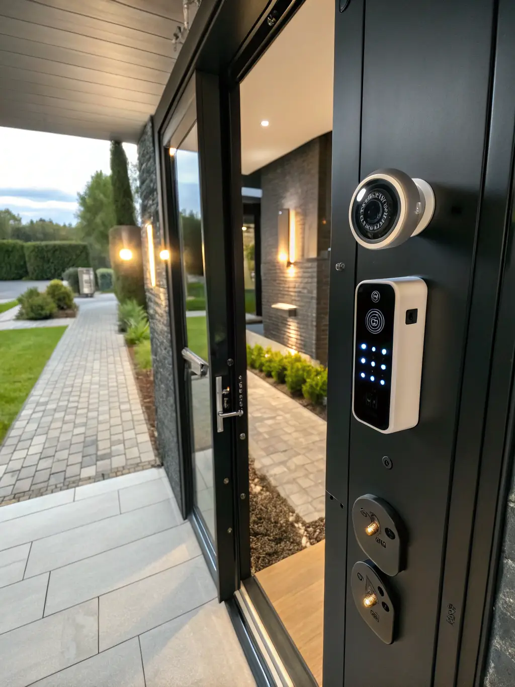 A clear, well-lit photo of a modern apartment entrance with a smart lock visible on the door, emphasizing security and ease of access for Four Something Rentals guests.