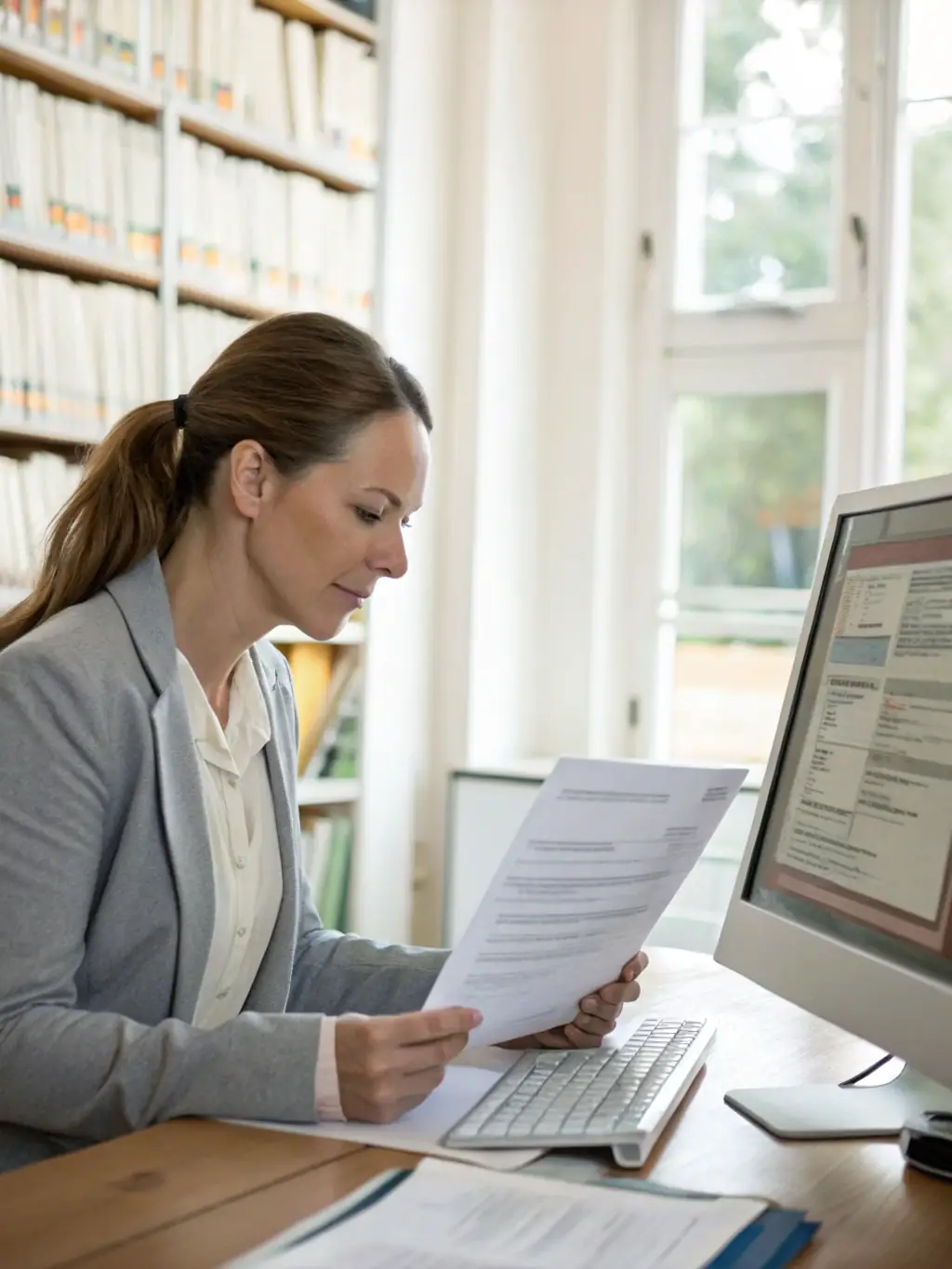 A professional lawyer is sitting at a desk in a Four Something Rentals property, working on a case with legal documents spread out, showcasing the comfort and convenience for business professionals.