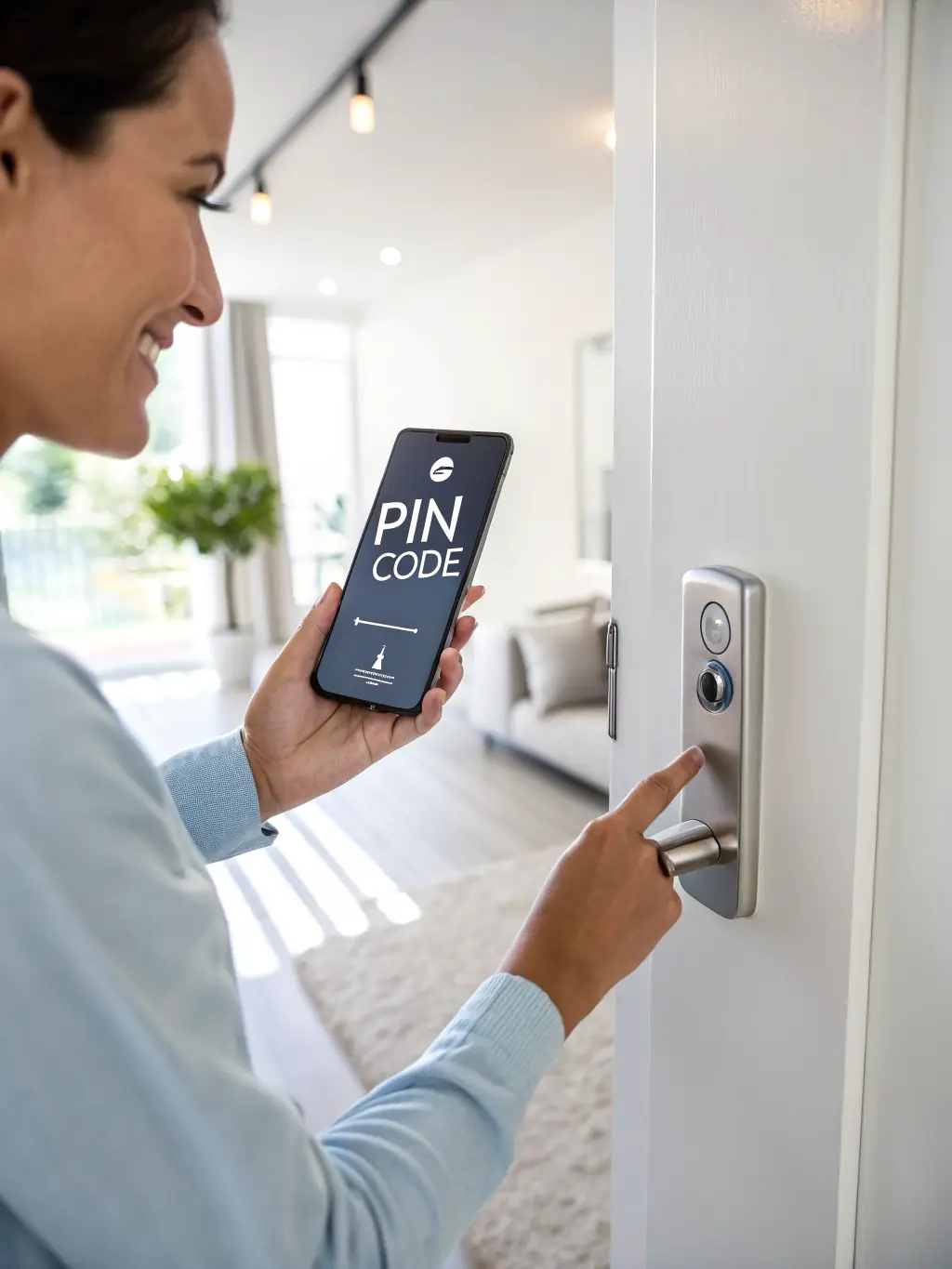 A digital lock on a vacation rental door, with a smartphone displaying a secure access code, highlighting the security measures in place.
